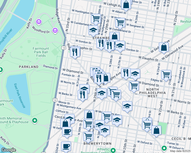 map of restaurants, bars, coffee shops, grocery stores, and more near 2920 Ridge Avenue in Philadelphia