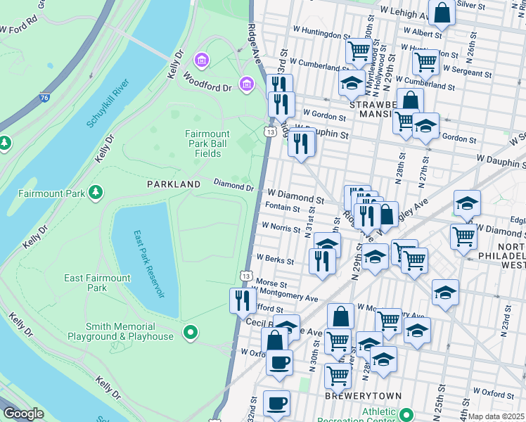 map of restaurants, bars, coffee shops, grocery stores, and more near in Philadelphia