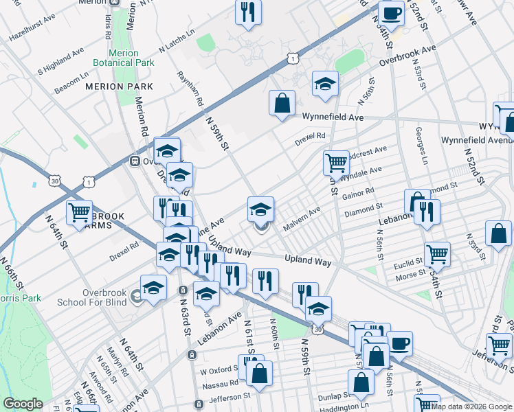 map of restaurants, bars, coffee shops, grocery stores, and more near 5939 Woodcrest Avenue in Philadelphia
