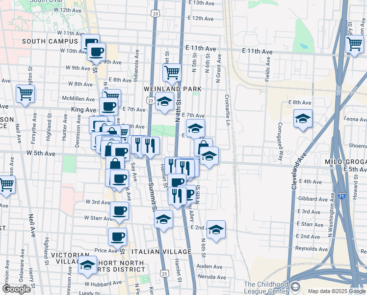 map of restaurants, bars, coffee shops, grocery stores, and more near in Columbus