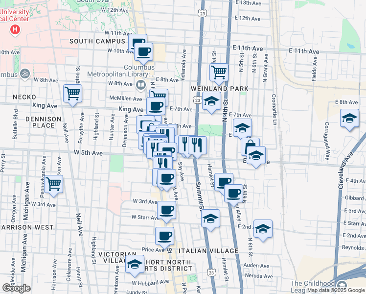 map of restaurants, bars, coffee shops, grocery stores, and more near 104 East 5th Avenue in Columbus