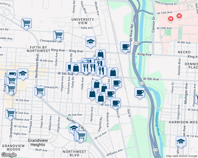 map of restaurants, bars, coffee shops, grocery stores, and more near 921 South Avenue in Columbus