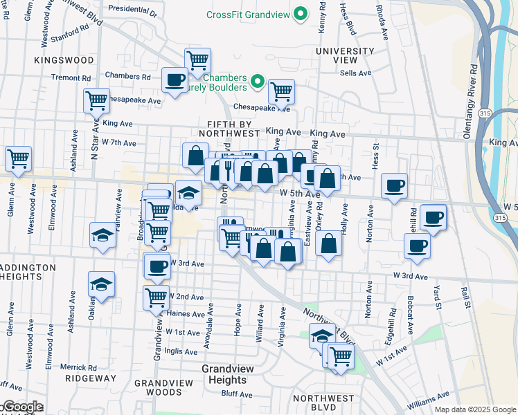 map of restaurants, bars, coffee shops, grocery stores, and more near 1393 Doten Avenue in Columbus