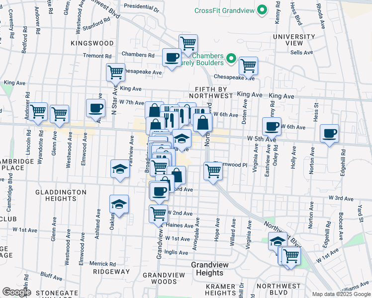 map of restaurants, bars, coffee shops, grocery stores, and more near 1381 Ida Avenue in Columbus