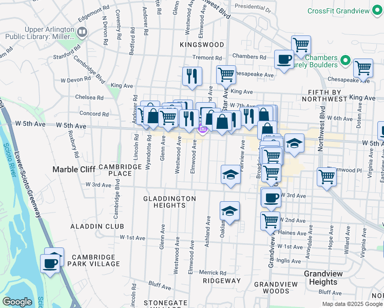 map of restaurants, bars, coffee shops, grocery stores, and more near 1467 Elmwood Avenue in Columbus
