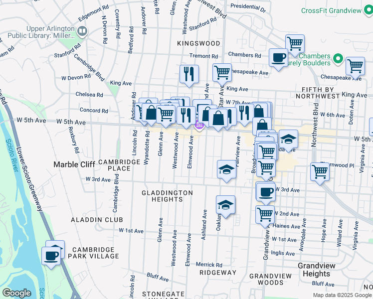 map of restaurants, bars, coffee shops, grocery stores, and more near 1467 Elmwood Avenue in Columbus