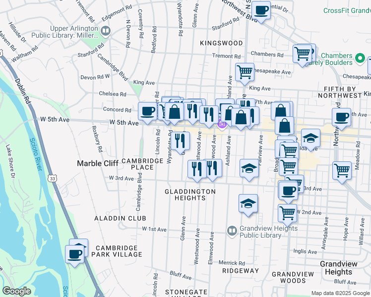 map of restaurants, bars, coffee shops, grocery stores, and more near 1481 Westwood Avenue in Columbus