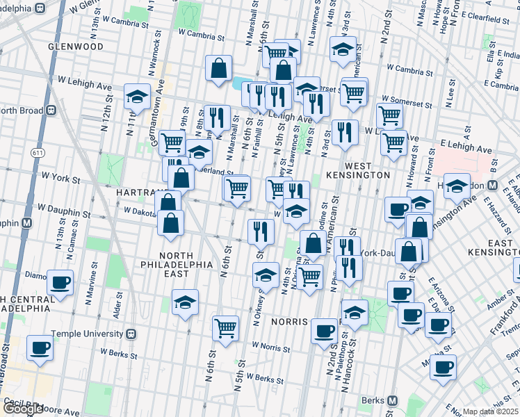 map of restaurants, bars, coffee shops, grocery stores, and more near 513 West York Street in Philadelphia