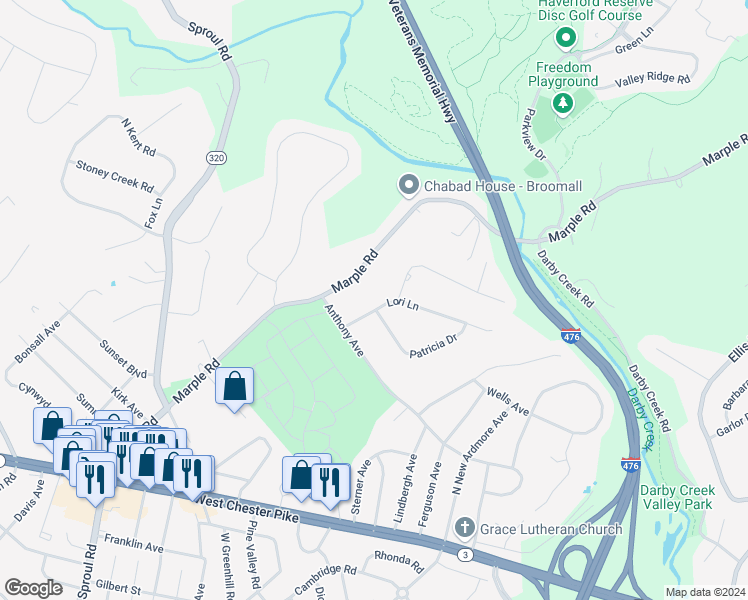 map of restaurants, bars, coffee shops, grocery stores, and more near 107 Lori Lane in Broomall