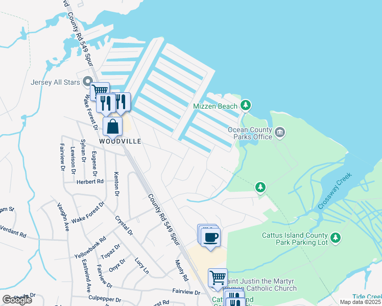 map of restaurants, bars, coffee shops, grocery stores, and more near 1927 Merrimac Drive in Toms River