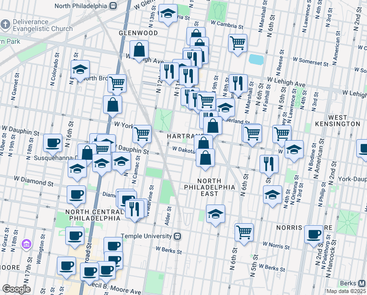 map of restaurants, bars, coffee shops, grocery stores, and more near 2322 North 10th Street in Philadelphia