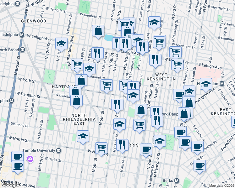map of restaurants, bars, coffee shops, grocery stores, and more near 511 West York Street in Philadelphia