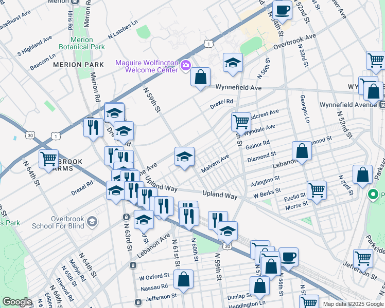 map of restaurants, bars, coffee shops, grocery stores, and more near 5881 Woodcrest Avenue in Philadelphia