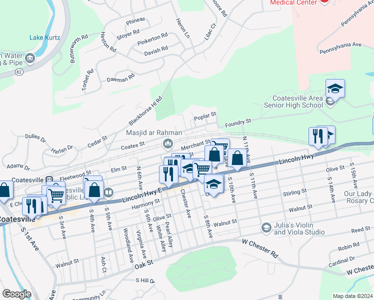 map of restaurants, bars, coffee shops, grocery stores, and more near 764 Merchant Street in Coatesville