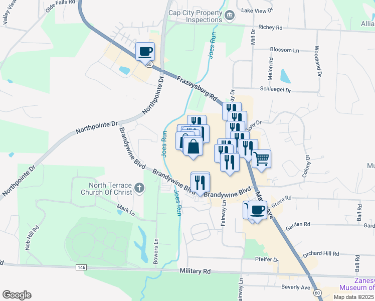 map of restaurants, bars, coffee shops, grocery stores, and more near 3575 Maple Avenue in Zanesville