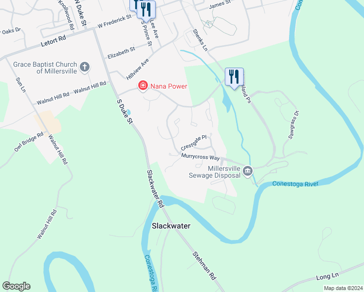 map of restaurants, bars, coffee shops, grocery stores, and more near 606 Crestgate Place in Millersville