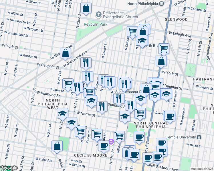 map of restaurants, bars, coffee shops, grocery stores, and more near 2221 North Gratz Street in Philadelphia