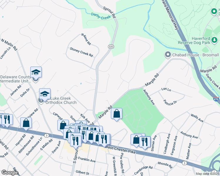map of restaurants, bars, coffee shops, grocery stores, and more near 215 Arden Road in Broomall