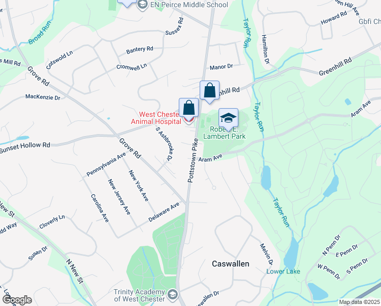 map of restaurants, bars, coffee shops, grocery stores, and more near 1128 Pottstown Pike in West Chester