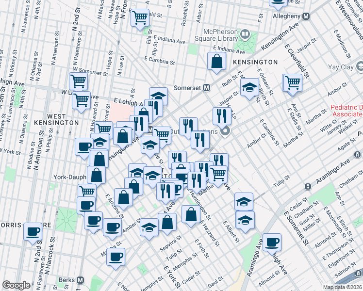 map of restaurants, bars, coffee shops, grocery stores, and more near 2633 Emerald Street in Philadelphia