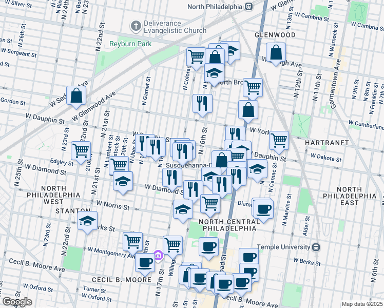map of restaurants, bars, coffee shops, grocery stores, and more near 2246 North Bancroft Street in Philadelphia