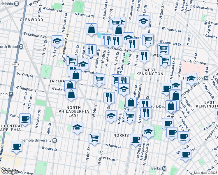 map of restaurants, bars, coffee shops, grocery stores, and more near 513 West York Street in Philadelphia