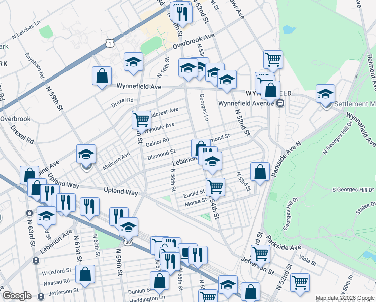 map of restaurants, bars, coffee shops, grocery stores, and more near 5444 Lebanon Avenue in Philadelphia