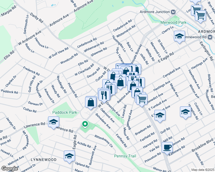map of restaurants, bars, coffee shops, grocery stores, and more near 45 West Hillcrest Avenue in Havertown