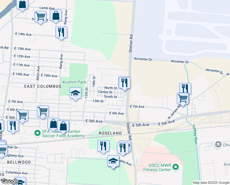 map of restaurants, bars, coffee shops, grocery stores, and more near 4th Street in Columbus
