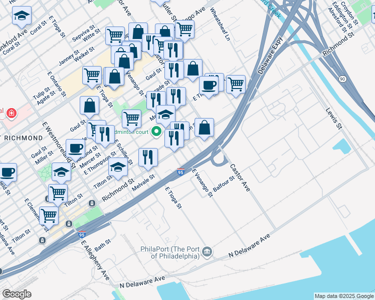 map of restaurants, bars, coffee shops, grocery stores, and more near 2808 East Victoria Street in Philadelphia