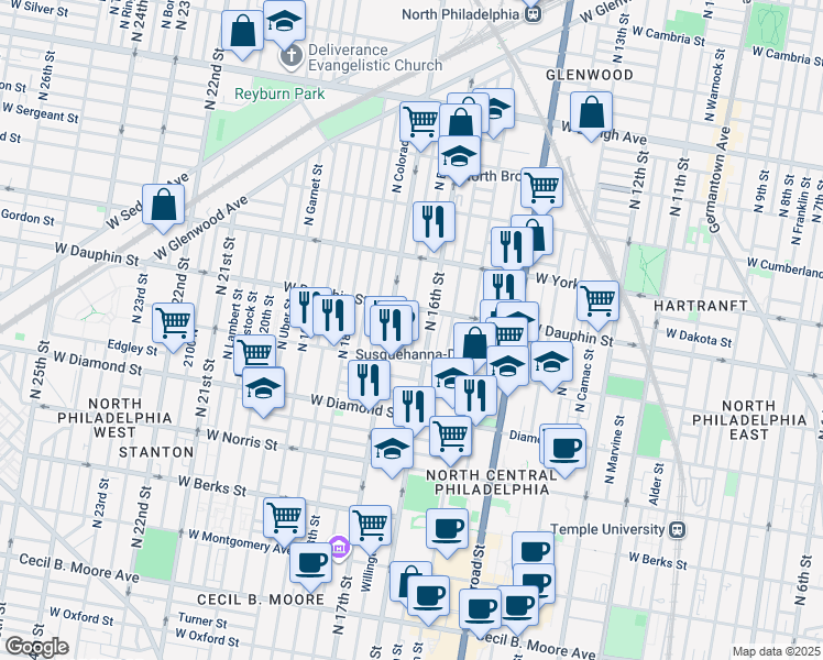 map of restaurants, bars, coffee shops, grocery stores, and more near 2246 North Bancroft Street in Philadelphia