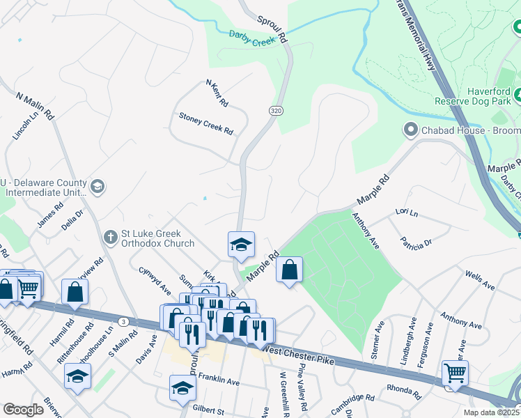 map of restaurants, bars, coffee shops, grocery stores, and more near 210 Arden Road in Broomall
