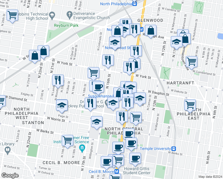 map of restaurants, bars, coffee shops, grocery stores, and more near 2254 North Sydenham Street in Philadelphia