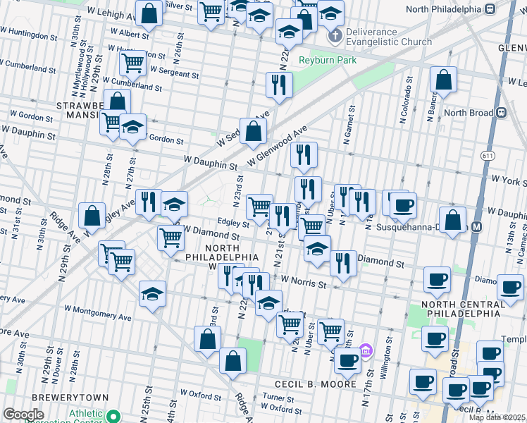 map of restaurants, bars, coffee shops, grocery stores, and more near 2138 West Susquehanna Avenue in Philadelphia