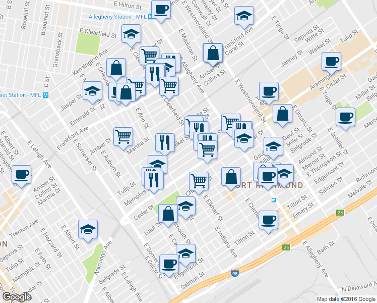 map of restaurants, bars, coffee shops, grocery stores, and more near 3076 Agate Street in Philadelphia