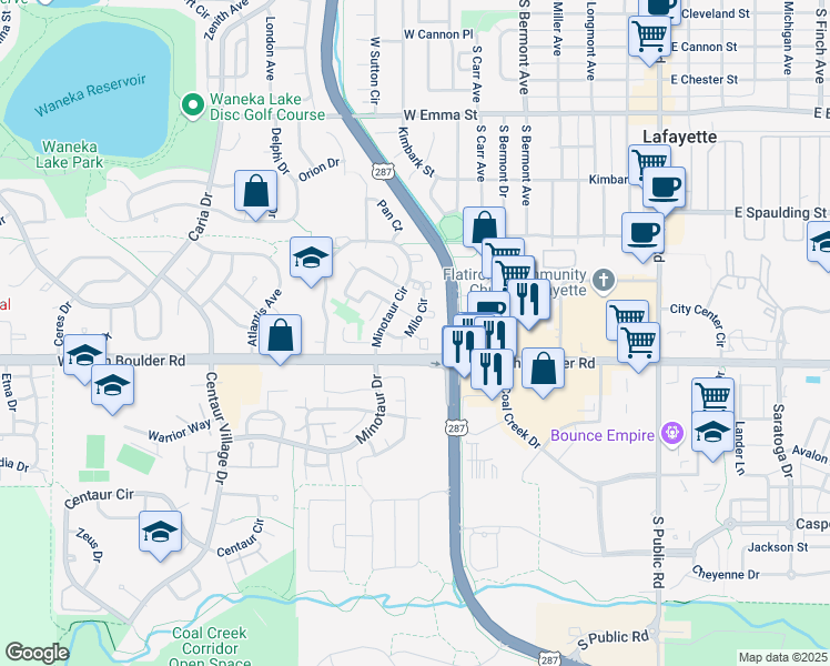 map of restaurants, bars, coffee shops, grocery stores, and more near 1090 Milo Circle in Lafayette