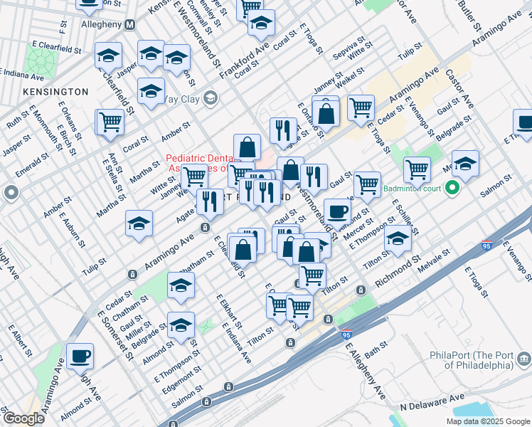 map of restaurants, bars, coffee shops, grocery stores, and more near 2419 East Allegheny Avenue in Philadelphia