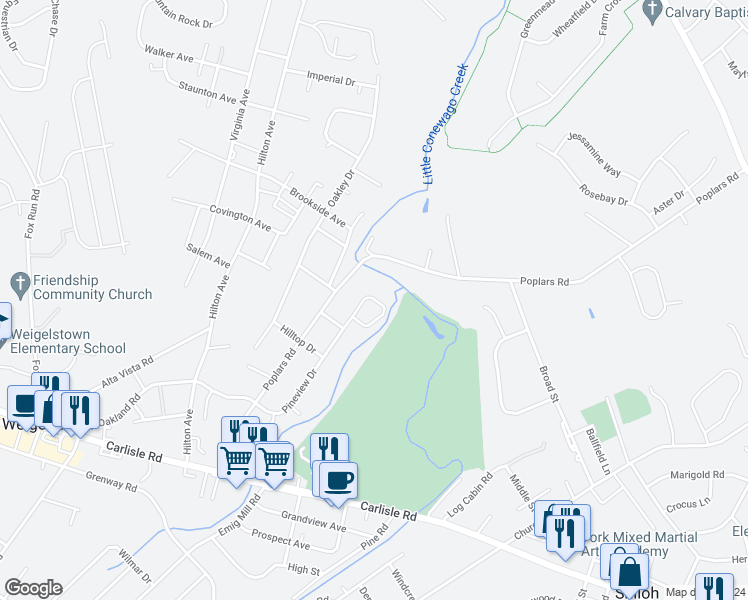 map of restaurants, bars, coffee shops, grocery stores, and more near 1864 Pineview Drive in York