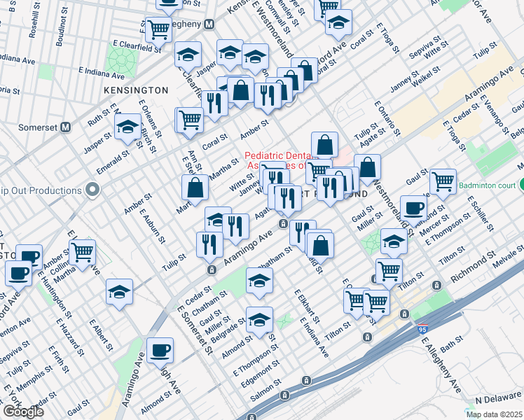 map of restaurants, bars, coffee shops, grocery stores, and more near 3076 Agate Street in Philadelphia