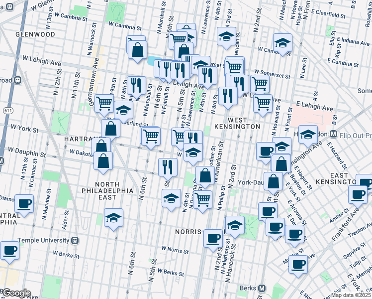 map of restaurants, bars, coffee shops, grocery stores, and more near 2409 North Lawrence Street in Philadelphia
