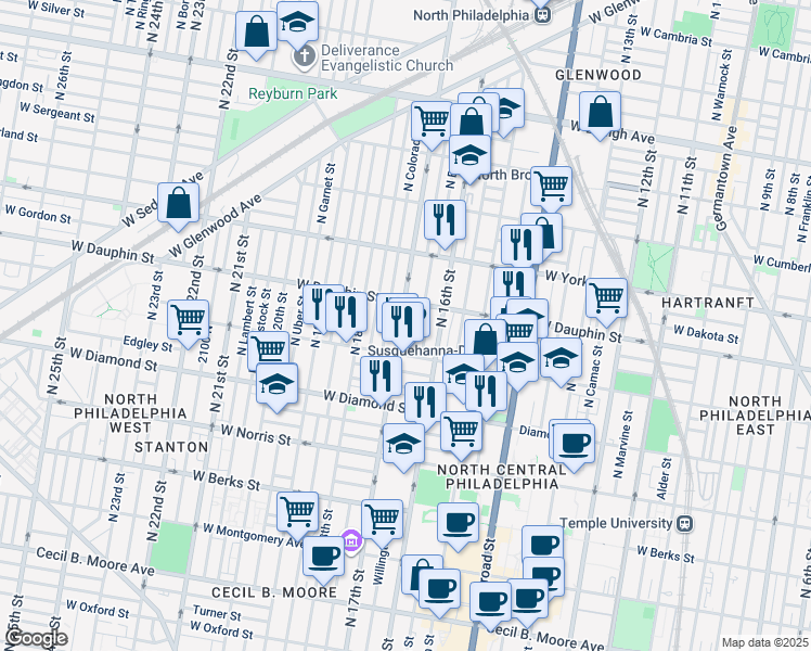 map of restaurants, bars, coffee shops, grocery stores, and more near 2239 North 17th Street in Philadelphia