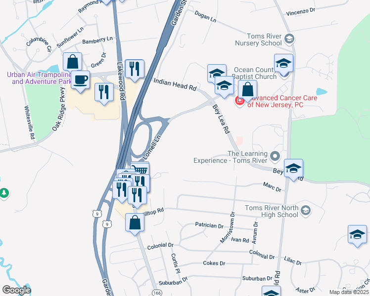 map of restaurants, bars, coffee shops, grocery stores, and more near 1801 Royal Oaks Drive in Toms River