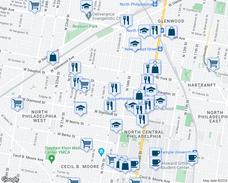 map of restaurants, bars, coffee shops, grocery stores, and more near 2236 North 17th Street in Philadelphia