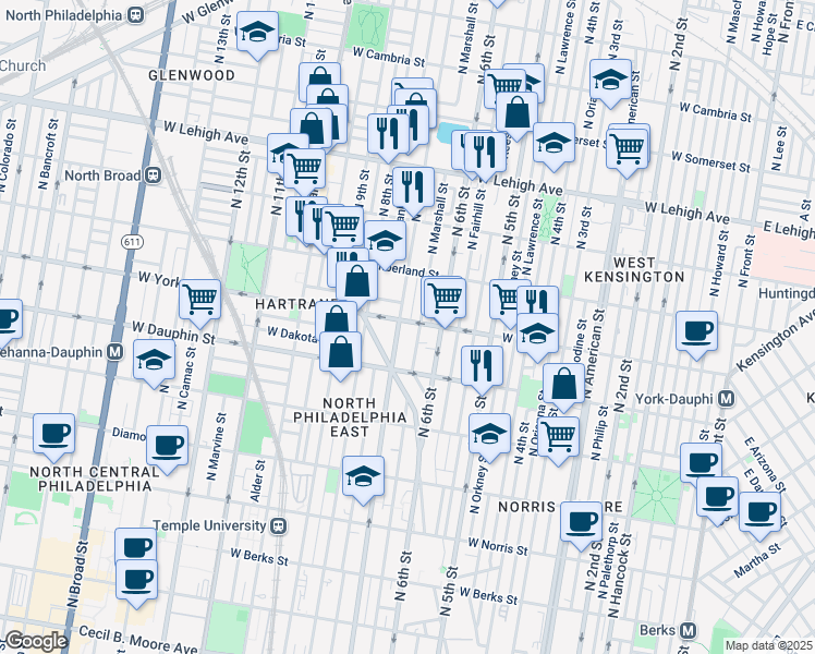 map of restaurants, bars, coffee shops, grocery stores, and more near 630 West York Street in Philadelphia