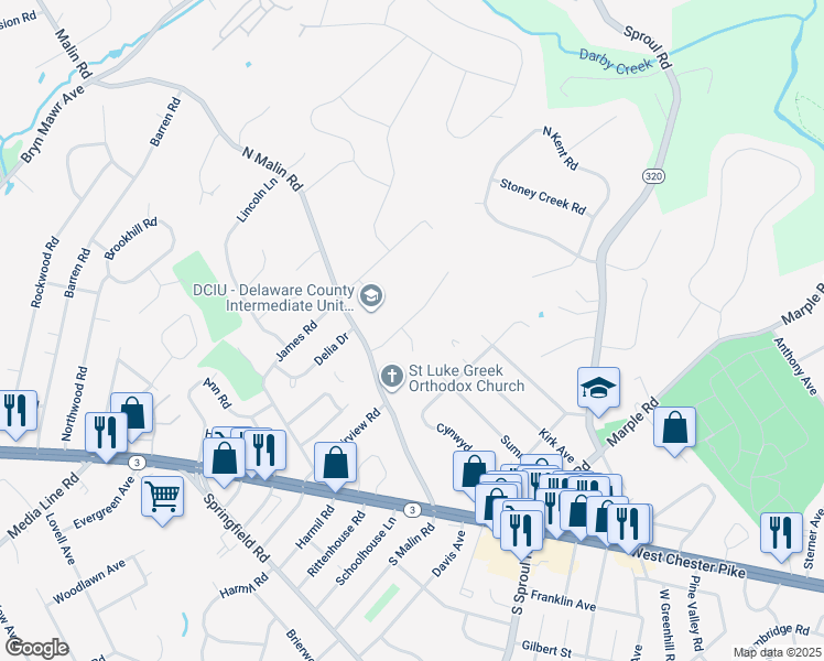 map of restaurants, bars, coffee shops, grocery stores, and more near 2 Chapel Cir in Broomall