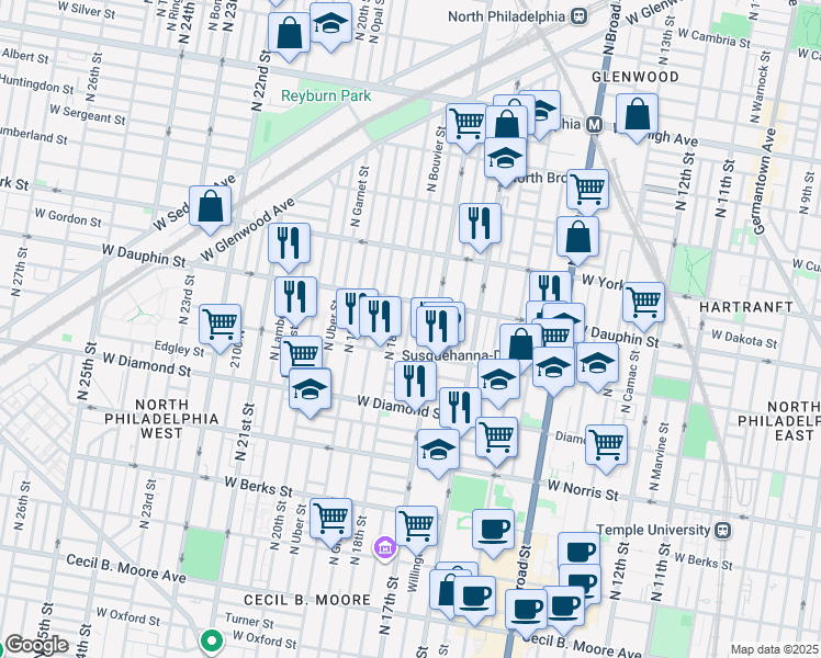map of restaurants, bars, coffee shops, grocery stores, and more near 2268 North Bouvier Street in Philadelphia