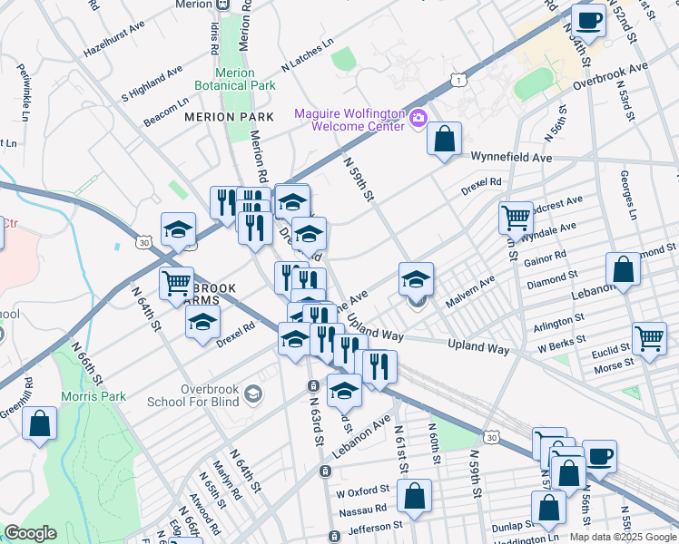 map of restaurants, bars, coffee shops, grocery stores, and more near 2041 Upland Way in Philadelphia