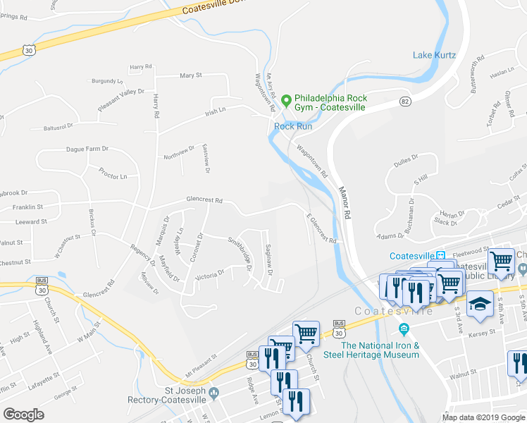 map of restaurants, bars, coffee shops, grocery stores, and more near 380 Glencrest Road in Coatesville