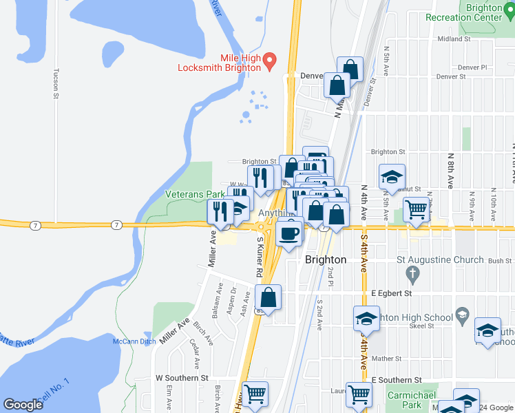 map of restaurants, bars, coffee shops, grocery stores, and more near 78 West Walnut Street in Brighton