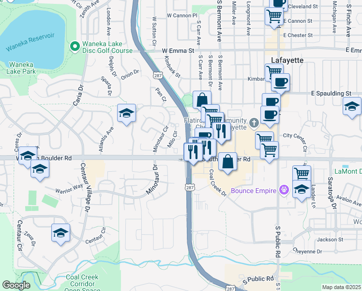 map of restaurants, bars, coffee shops, grocery stores, and more near 1090 Milo Circle in Lafayette